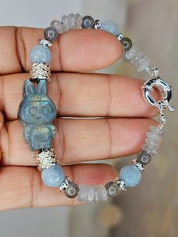 NEW Aquamarine, Labradorite Beaded Bracelet w/ Labradorite LABUBU Charm 
