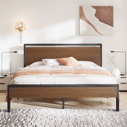 King Size Metal Platform Bed Frame with Wooden Headboard & Footboard, Adult