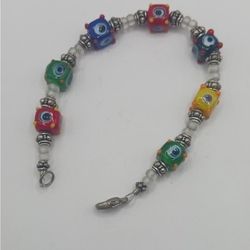 Sterling evil eye bracelet , square beads 