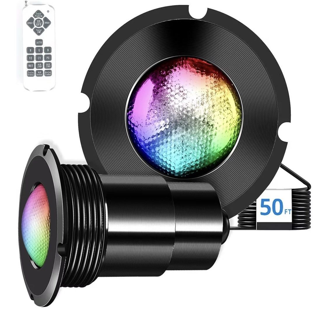 Foxlux - 1.5” RGBW Stainless Steel Pool Light with 50’ Cable & Remote -Matte Blk