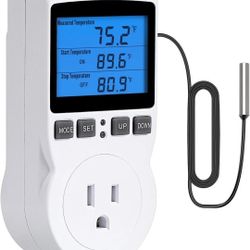 Digital Thermostat Outlet Plug Temperature Controller Heating Cooling With Probe. Used Like New. The Digital Thermostat Outlet Plug is a wall-mounted 