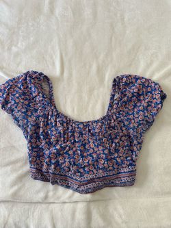 Blue Floral Puff Sleeve Crop Top – Cottagecore Boho Style (Size L)