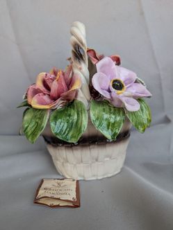 Capodimonte Porcelain Flower Basket with Roses and Anemones and Certificate of Guarantee