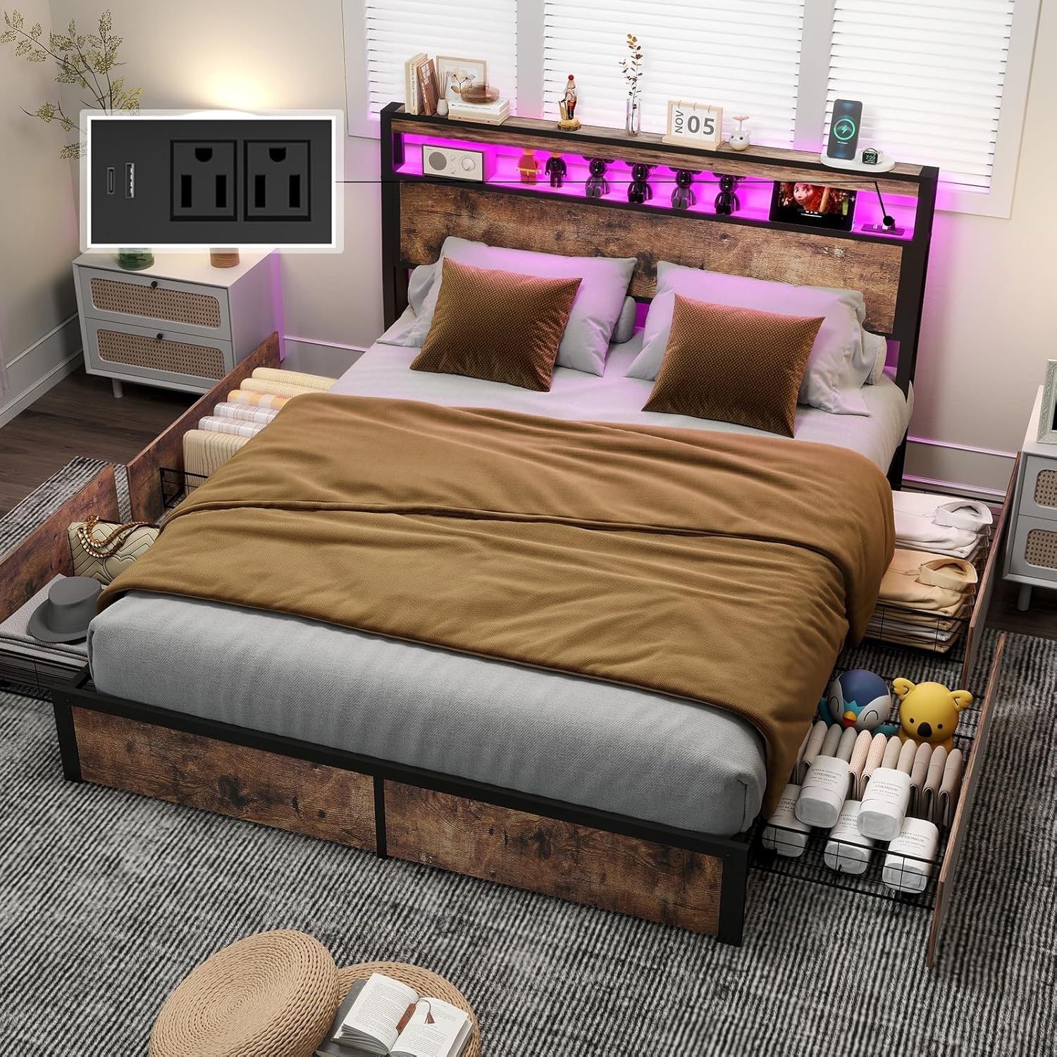 Full Size Bed Frame with 4 Storage Drawers and Headboard with Charging Station and LED Lights,2 Tier Solid Wood Headboard Storage,Noise Free, No Box S