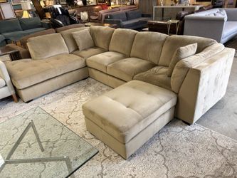 EMERALD HOME Analise U-Shaped Micro Velvet Tufted Beige Sectional w/ Movable Ottoman