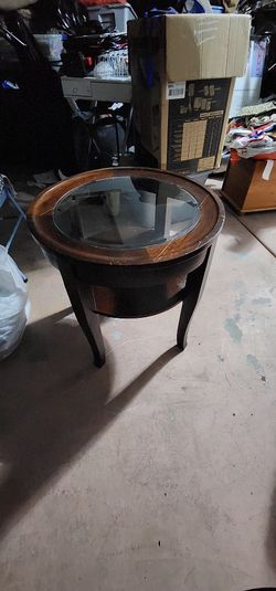 Vintage Brown Round Wooden Side Table With Glass Top/ Bottom Shelf