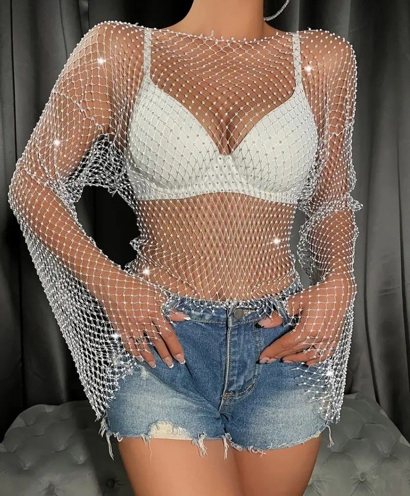 FISHNET WITH RHINESTONE WHITE TOPS
