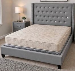 🥰 Brand New Grey Wingback Bed Frame, Diamond Tufted Headboard | Nailhead Trim | King & Queen Size - Opt Mattress  + Box Spring | Pay After Delivery ?