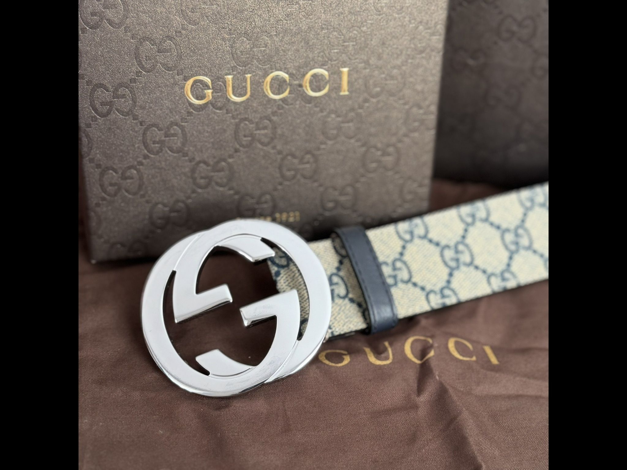 Gucci Supreme Beige/blue Leather Canvas Belt W/ GG Buckle Size 95 (32/34)