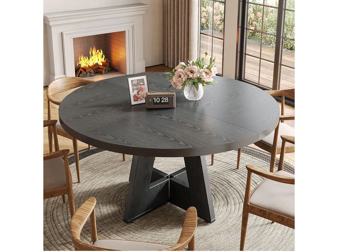 LITTLE TREE Round Dining Table for 4-6 People, 47 Inches Dining Room Table with Wooden Pedestal Base, Black Dinner Tables, Circle Kitchen Tables for D