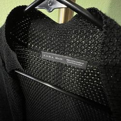 ZARA MAN Black Open Knit Cardigan Sweater Mens Large Minimalist Lightweight 
