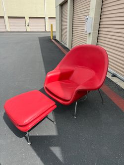 Vintage Postmodern Red Leather Lounge Chair & Ottoman