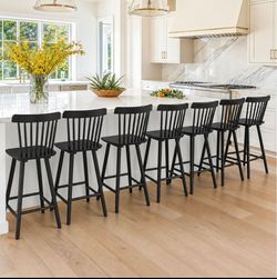 Set of 6 Upgraded Windsor Wooden Black Bar Stools 24 Inch Counter Height Barstools with Spindle Back/Bigger Seat for Kitchen Island