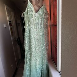 Long Sage Lace Gown 