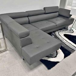 Brand New Grey Leather Sectional In Box- Shop Now Pay Later 