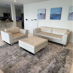 Modern Cream Leather Sofa Set – Real Leather | Sofa + Oversized Chair + Storage Ottoman