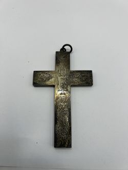 ornate metal religious duty cross likely from the 18th century. Silverplated.