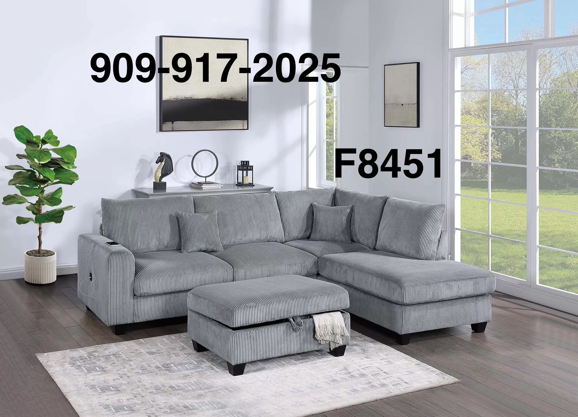 LIGHT GREY CORDUROY SECTIONAL WITH STORAGE OTTOMAN