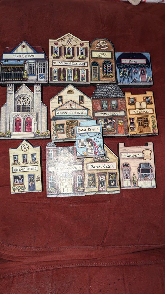 1997 Vintage Brandywine Woodcrafts Shelf Sitters Lot Of 13 House's And Store Mint Condition 