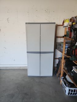Plastic storage cabinet with shelves and door