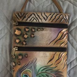 Leather Hand Painted Anuschka  Cross Body Hand Bag Peacock Design