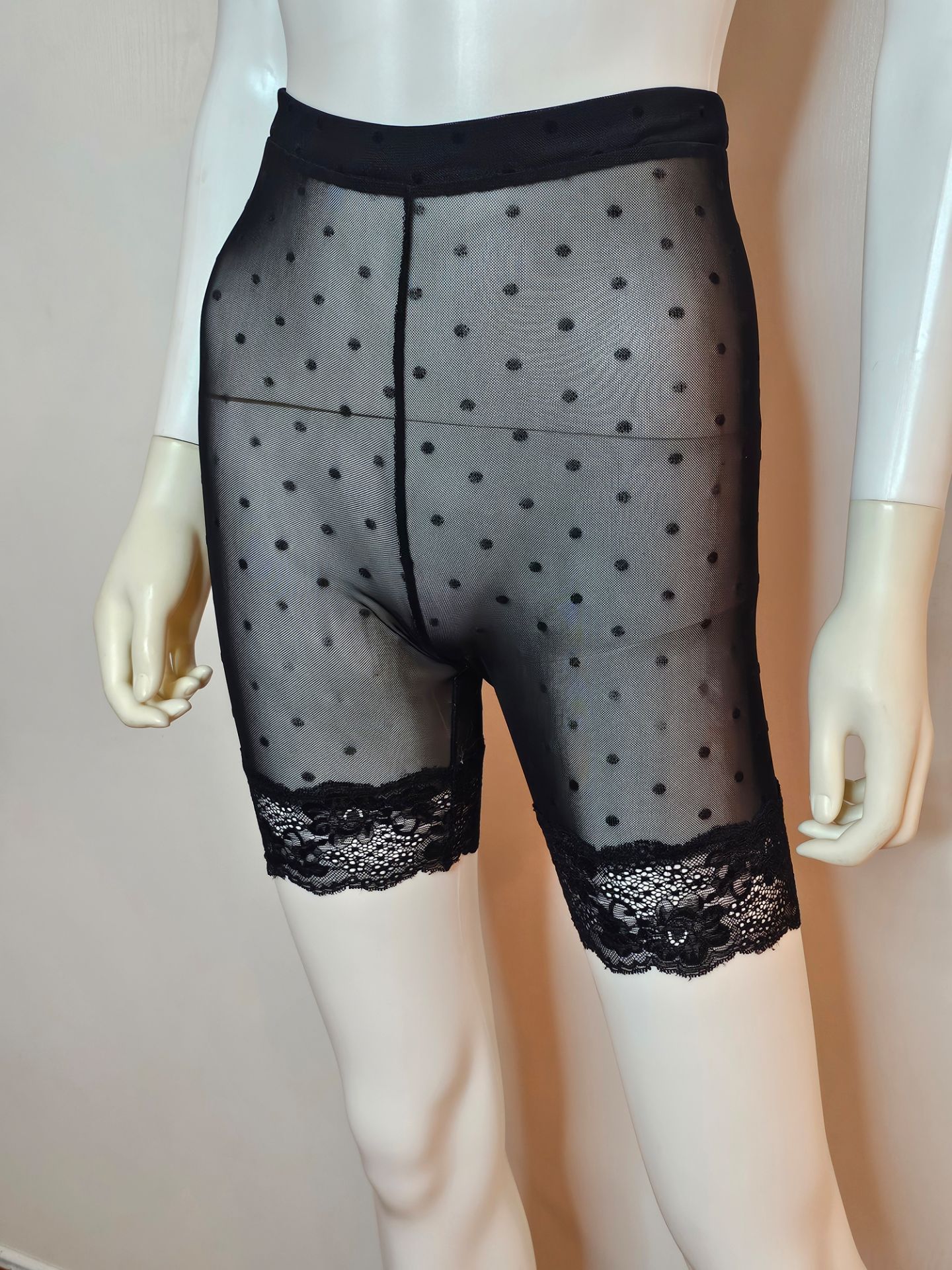STYLEANGELES Sheer Lace Polkadot Black Garment with Holographic Brand Tag Size S