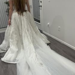 Embroidered Lace Wedding Dress with Sheer Overlay and Train Custom Made