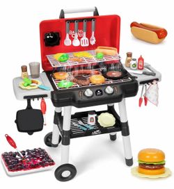Kids Play Kitchen Toys, Kids BBQ Grill Playset with Smoke Sound Light, 2-Layer Barbecue Toy with Wheels, Outdoor Play Food Toys Cooking Set for Toddle