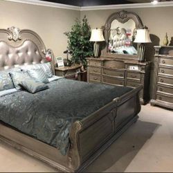 Cavalier Silver Upholstered Sleigh Bedroom Set/Dresser, Mirror, NightStand, Bed/Queen And King Size Available/ Mattress Sold Separately 