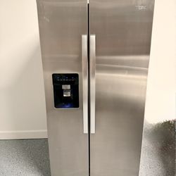 New 33” standard depth Whirlpool side by side stainless steel refrigerator for sale!