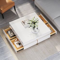 Modern 43" Square White Tempered Glass Coffee Table With 4 Drawers