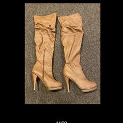 EUC Camel Brown Knee High Heel Boots Faux Soft Leather Sexy Long leg dress shoe