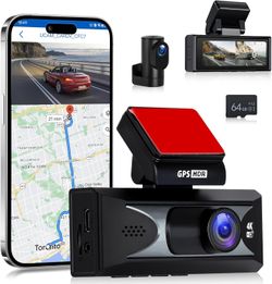 4K Dash Cam with Dual Band WiFi, GPS, 64GB Card, 3.16'' Front and Rear Camera