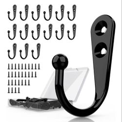 15 Pcs Black Wall Mounted Coat Hooks, Hanger Hook with 30 Pieces Screws for Towel, Key, Robe, Scarf, Bag, Cap, Coffee Cup, Mugs. (Bin 28)