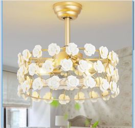 20" Gold Caged Fandelier Ceiling Fan with Light, Flower Chandelier