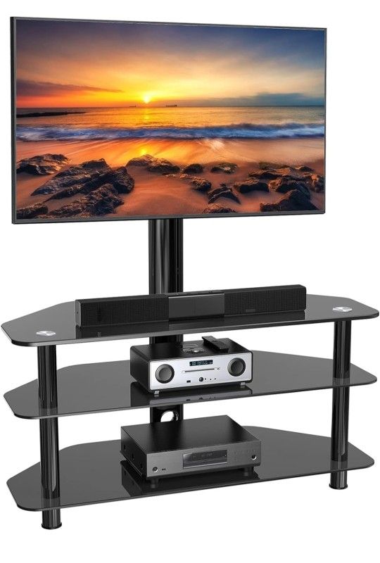 Rfiver Corner Swivel Glass TV Stand with Mount for 32-70 Inch Screen TV up to 110lbs, Height Adjustable Corner TV Stand with Mount, Entertainment Cent