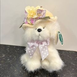 Vintage Bearington Collection Plush White Dog w/floral hat. Size 7” 