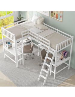 L-Shaped Corner Double Loft Bed Twin Size with Desk, Solid Wood 2-in-1 Loft Bed with Ladder and Guardrails, Space Saving , White