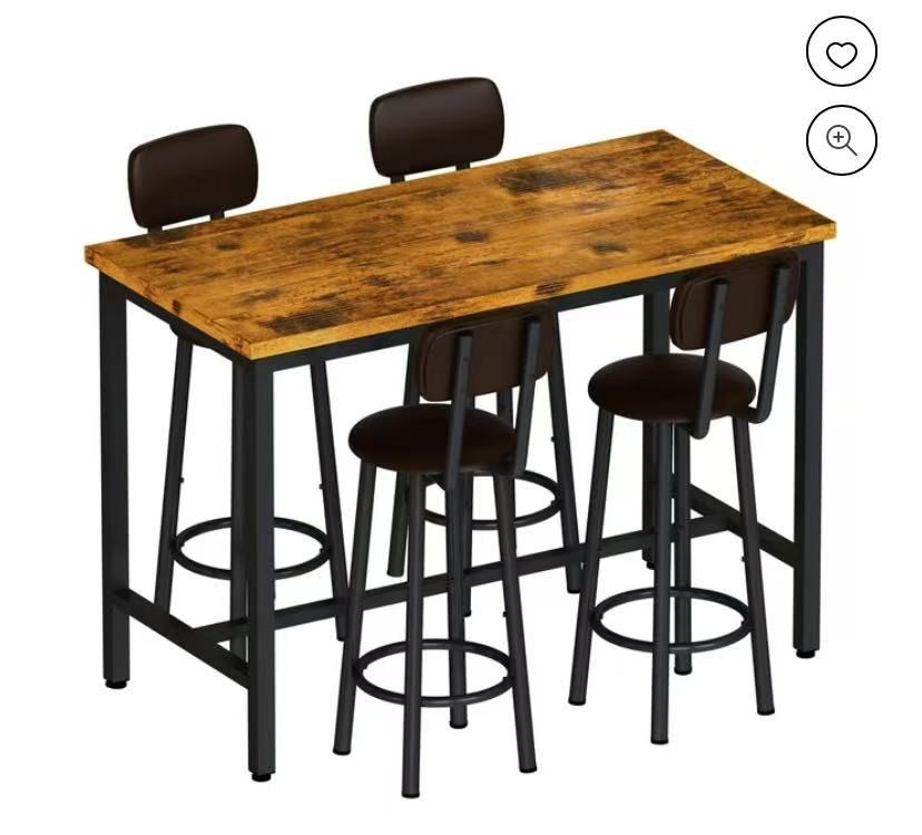 43.3” Dining Table Set for 4, Rectangle Bar Table with 4 PU Leather Backrest Stools, Pub Dining Room Table Set for Kitchen, Bar, Breakfast Nook, Small