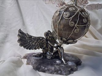 Angel with Handmade Wire Tree on Crystal Ball on Amethyst Base