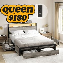 LED Bed Frame Full/Queen/King Size with Storage Drawers Platform 2 Charging Outlets and 2 USB Ports Strong Metal Slats Support