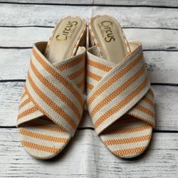 Circus by Sam Edelman Women's Stevie Heeled Sandal, Orange/Ivory Seafarer Canvas- size 8