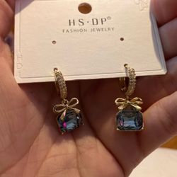Blue Bow Drop Hoop Earrings 