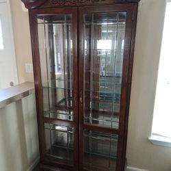 Wood China Cabinet With Glass Doors And Shelves 