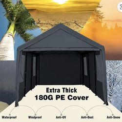 New 12x20ft Carport, Reinforced Steel Poles with Removable Sidewalls and Doors, Roll-Up Windows