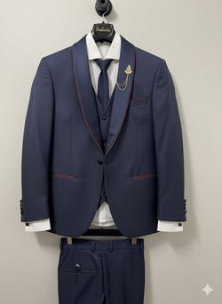 Like New! Men's 3-Piece Navy Blue Patterned Tuxedo/Suit - Worn Once