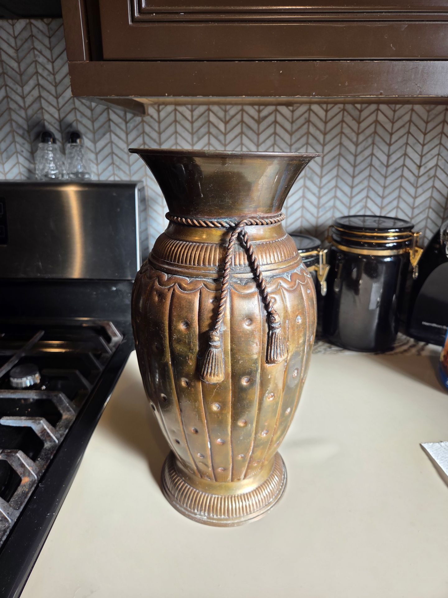 Large brass plated vase by Accents to Brass. 13 1/2 x 6 1/2 inches.