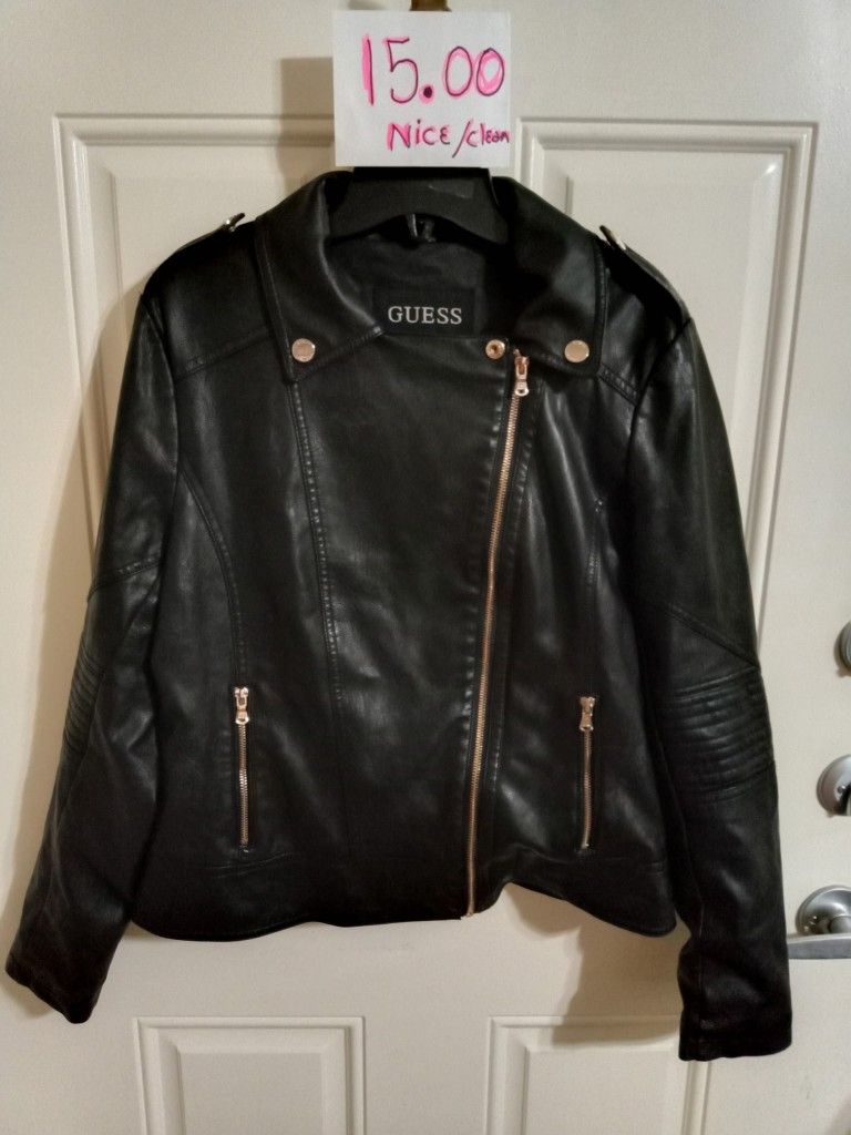 Guess Women's Faux Leather Black Zipper Jacket, Slim, See Pictures And Description