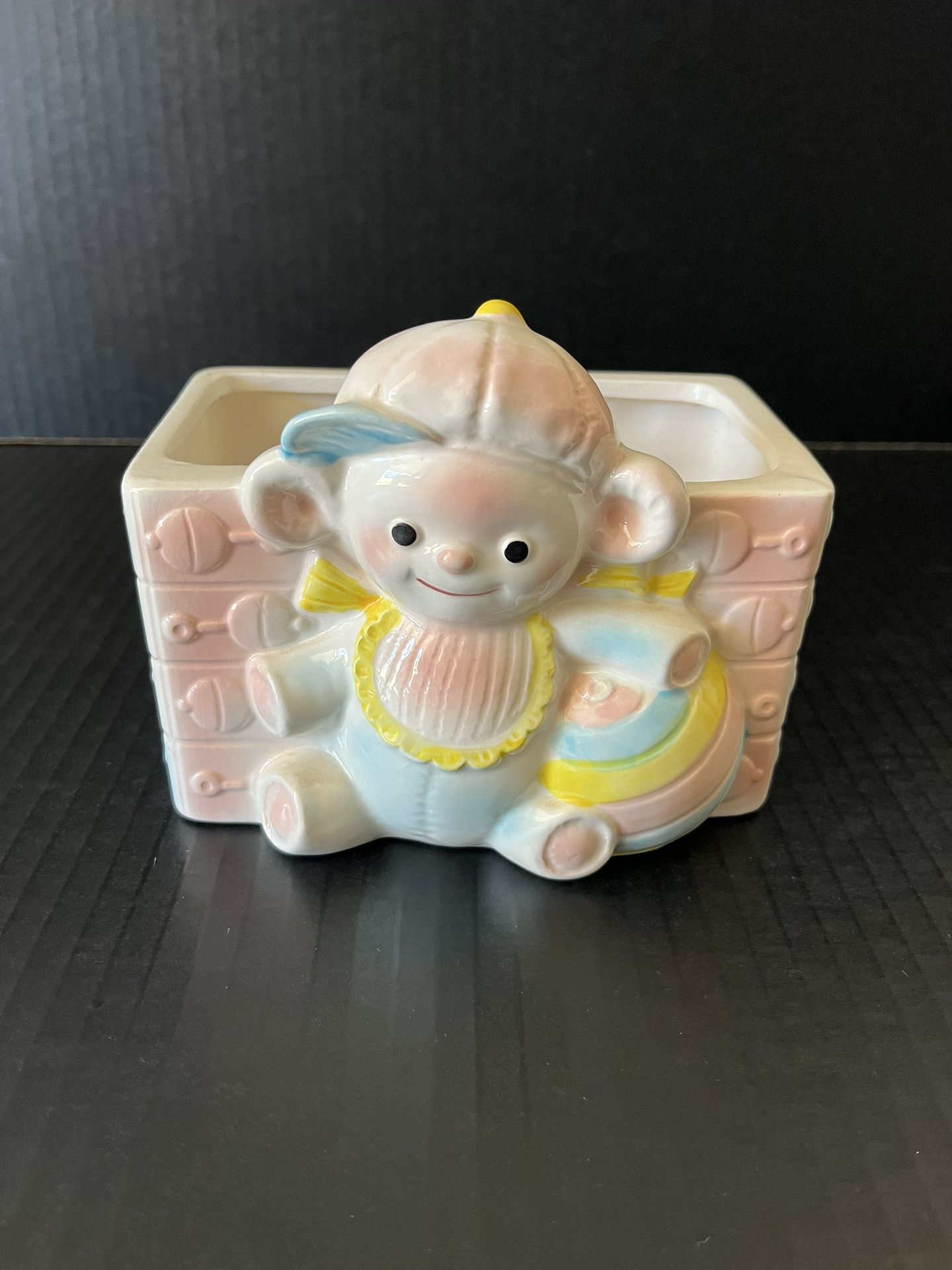 Vintage 1983 Relpo Label Numbered Baby Boy Bear Toy Box Planter