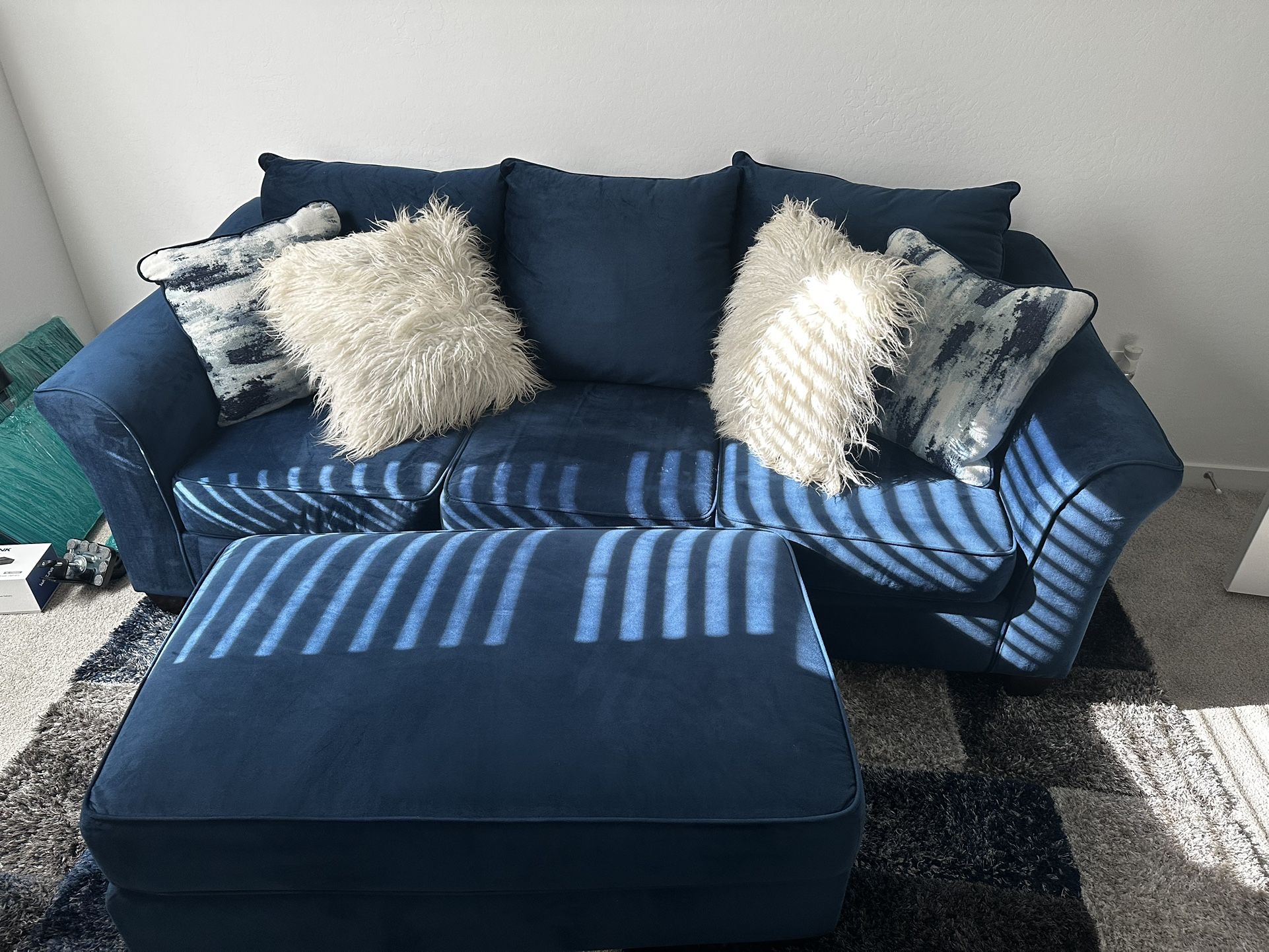 Blue Velvet AM Couch, Ottoman, and Matching Rug set